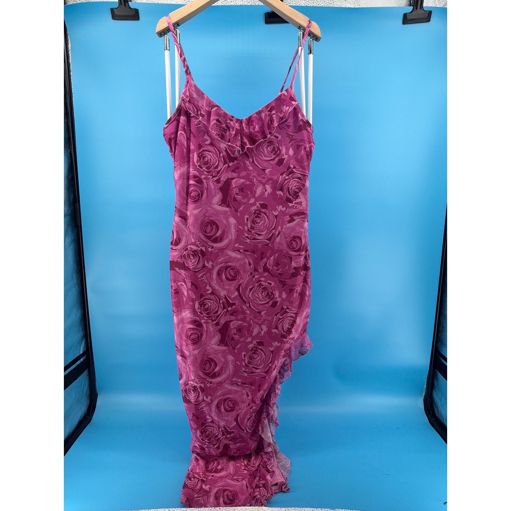 Pink Rose Floral Ruffle V-Neck Midi Dress Magenta Spaghetti Strap Bodycon